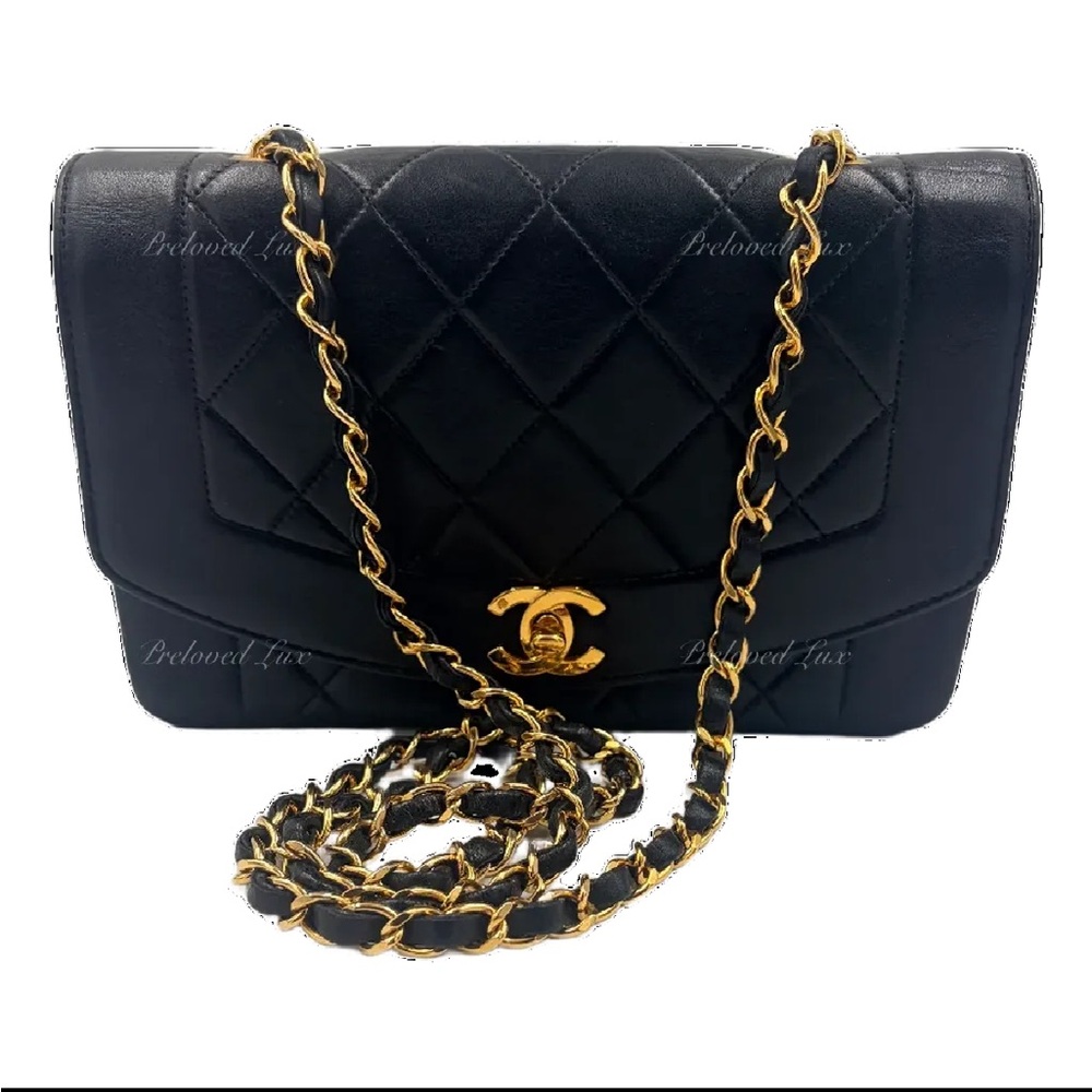 Authentic CHANEL Black Lambskin Small Diana Flap Bag Gold Hardware
